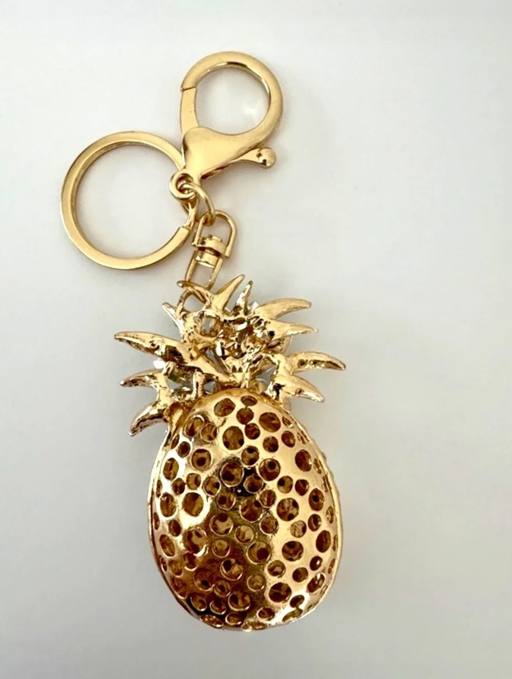 Gold Crystal Pineapple Rhinestone Bag Charm Keychain w/Lt Blue & Green Accents